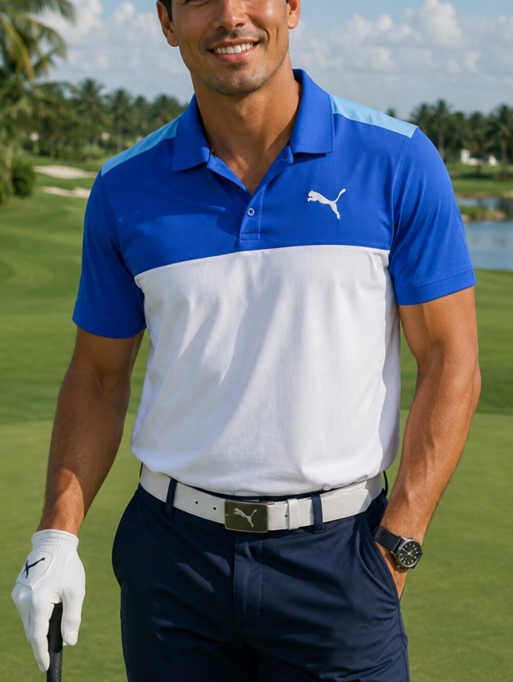 Puma mens Cloudspun colorblock short sleeve golf polo shirt white blue XL